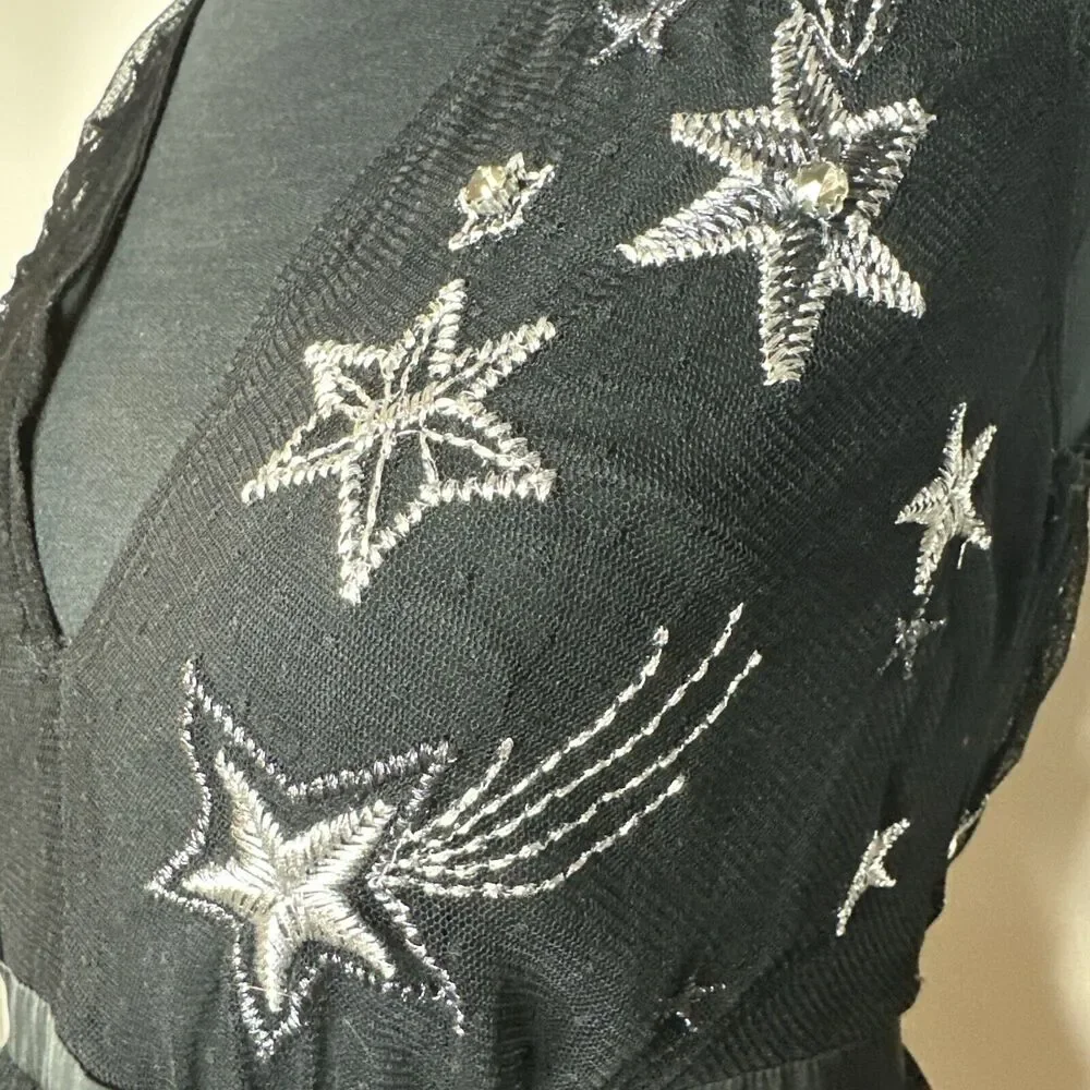 Vintage Express Embroidered Star Black Peplum VNeck Sheer Tank Rhinestones Sz 4 - Picture 8 of 13